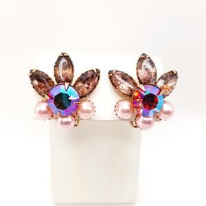 Vintage AB Rhinestone Pink Pearl Earrings Gold Tone Clip On Costume Jewelry